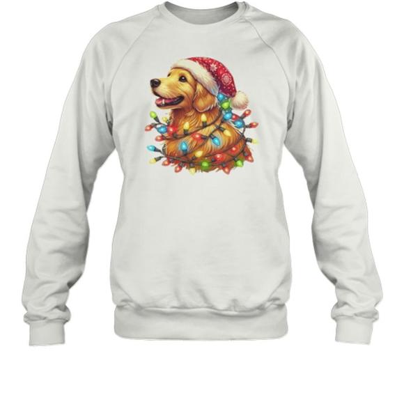 Cheerful Christmas Pup Golden Retriever In Lights T-Shirt - Picture 1 of 4